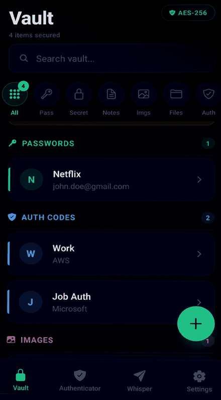 The Lockbox vault on a phone: a search field, type filters, and saved items grouped into Passwords and Auth codes.
