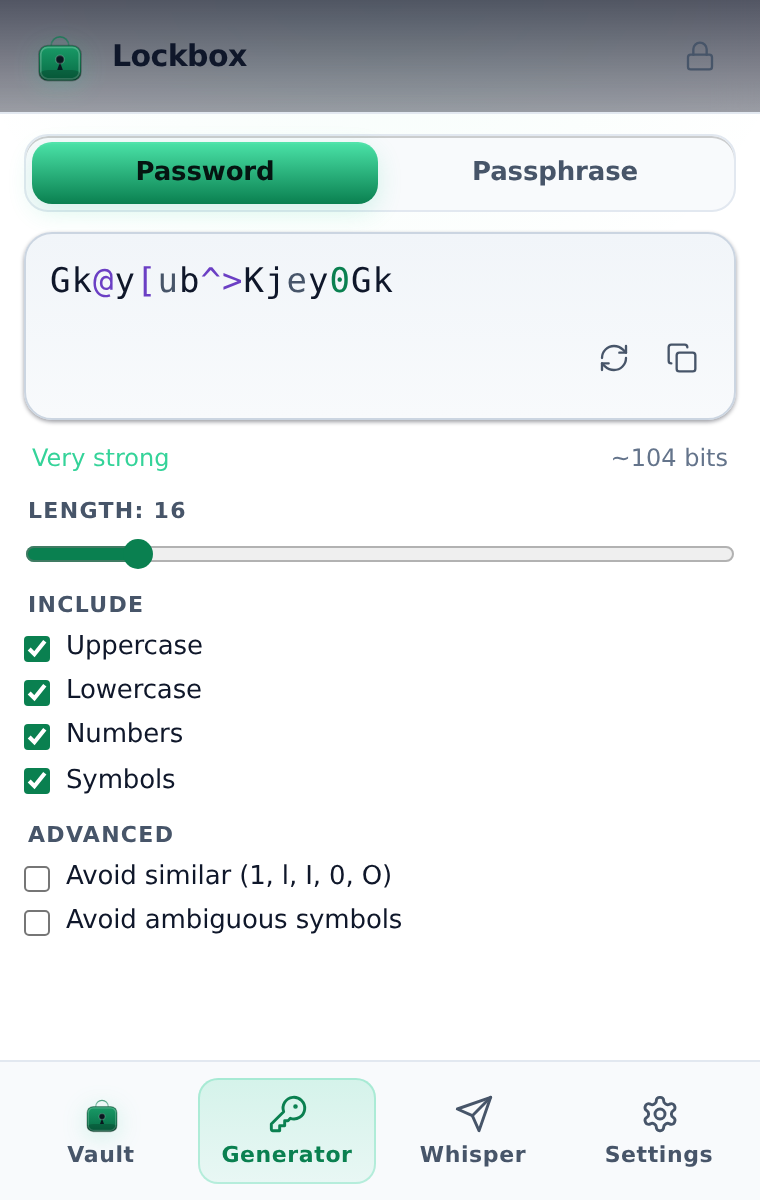 The Lockbox password generator showing a generated password and its strength
