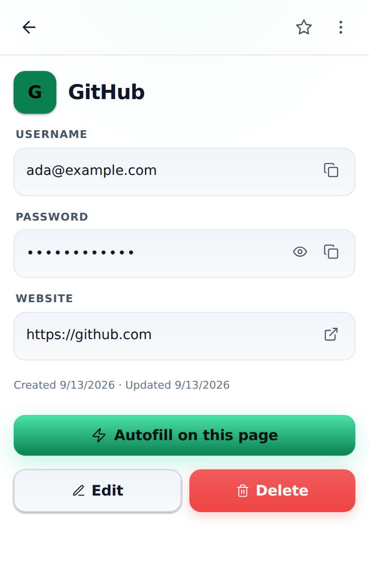 A saved login open in the Lockbox extension
