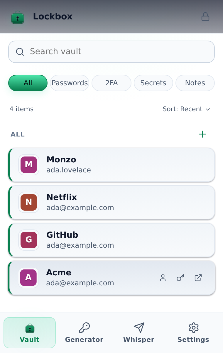 The Lockbox extension vault, listing saved logins